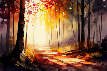 Warm autumn scenery in a forest. Generative Ai