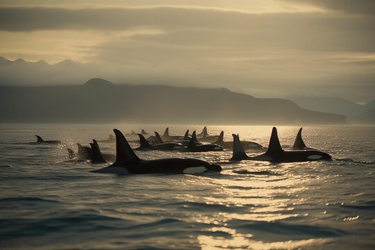 Pod of Killer Whales (Orcas) Swim Through Vast Ocean Expanse, Adults Watch Over Calves Learning to Hunt and Navigate by Generative AI