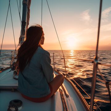 Woman on a boat looking at the sea, Travel, Vacation, Relax, Generative AI