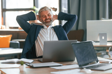 Taking a break, satisfied with success. Senior businessman is working in the office