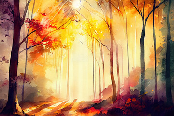 autumn forest with sun beam, watercolor oil painting effect. Generative Ai