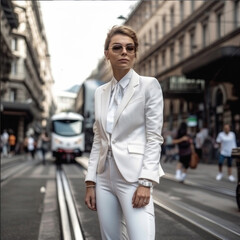 a model girl, on the street in a white business suit, fashion generative ai