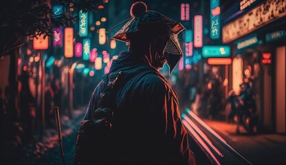 Fototapeta na wymiar Looking samurai and street with blurred neon lights at night on background. Postproducted generative AI digital illustration.