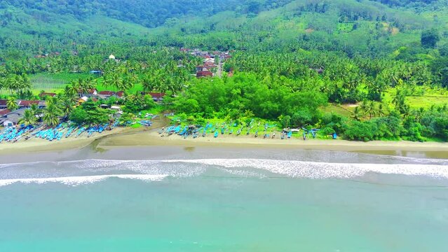Beautiful Rajegwesi Beach in Banyuwangi, Indonesia. Aerial footage taken with drone.
