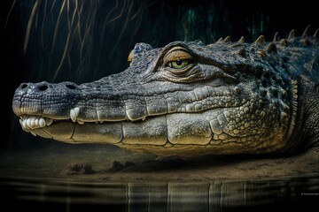 Fototapeta premium Prehistoric Appearance and Powerful Jaws of Saltwater Crocodile, Thrilling and Dramatic Close-up Subject by Generative AI
