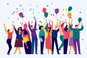 Flat digital illustration of a startup team celebrating a milestone with confetti, balloons, and high-fives on a clean white background. generative ai