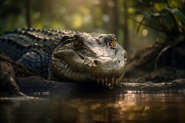 Obraz premium Prehistoric Appearance and Powerful Jaws of Saltwater Crocodile, Thrilling and Dramatic Close-up Subject by Generative AI