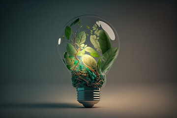 eco friendly lightbulb from fresh leaves top of view.