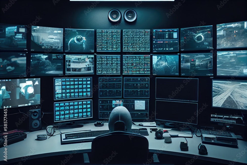 Poster surveillance room with banks of monitors, each one displaying different camera view, created with generative ai