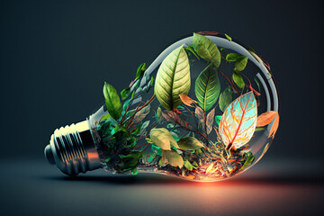 eco friendly lightbulb from the fresh leaves top of view.