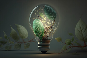 eco friendly green lightbulb from the fresh leaves top of view.