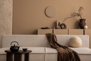 Minimalist composition of warm living room interior with modular sofa, wooden coffee table, round pillow, vase with branch, pitcher, stylish sculpture and personal accessories. Home decor. Template.