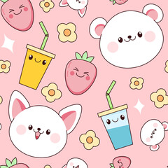 Seamless pattern of kawaii polar bear and cat faces, bubble tea and flowers