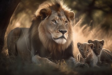 Fototapeta premium African Lion Watches Over Playful Cubs, Wrestling and Pouncing in the Grass by Generative AI