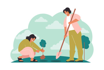 Gardening and planting. Character taking care of plants, flowers