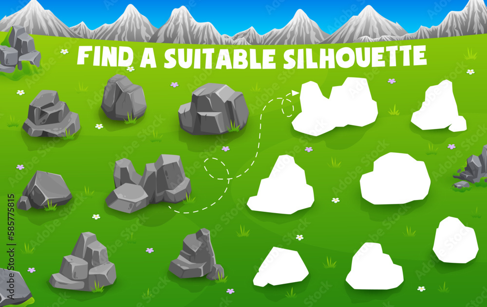 Poster find suitable silhouette of grey rock stones, vector game worksheet or kids quiz puzzle. search, com
