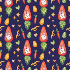 Seamless pattern with a rabbit in a carrot and eggs on a dark blue background. Watercolor illustration. Holiday. Happy Easter. Spring. Print on fabric and paper. Wallpaper. Art. Design. Stars.