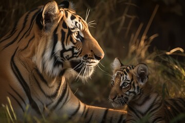 Mother Bengal Tiger Gently Licks Cub's Fur Clean, Intense Gaze Watching Over Playful Youngster by Generative AI