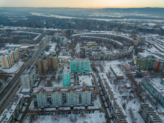 Naklejka na ściany i meble Novokuznetsk city district in early spring from a bird's-eye view