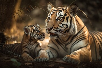 Fototapeta na wymiar Mother Bengal Tiger Gently Licks Cub's Fur Clean, Intense Gaze Watching Over Playful Youngster by Generative AI