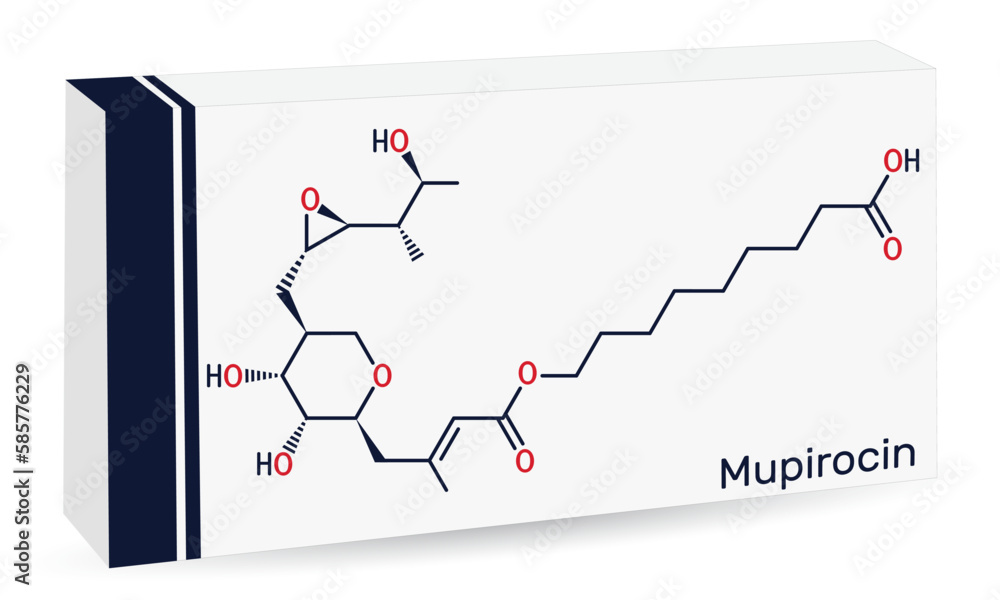 Wall mural Mupirocin molecule. It is antibacterial ointment used to treat impetigo and skin infections. Skeletal chemical formula. Paper packaging for drugs.