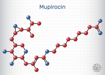 Mupirocin molecule. It is antibacterial ointment used to treat impetigo and skin infections. Structural chemical formula, molecule model. Sheet of paper in a cage.