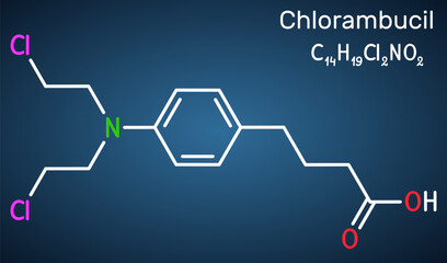 Chlorambucil molecule. It is chemotherapy agent used in the treatment of lymphocytic leukemia, malignant lymphomas. Structural chemical formula on the dark blue background.