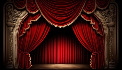 Glorious red curtain above empty theatre stage. Postproducted generative AI digital illustration.