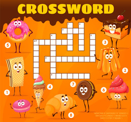 Crossword grid, cartoon bakery sweets and desserts characters, vector quiz game. Crossword worksheet to guess word of cheesecake or tiramisu cake, muffin cupcake and pudding or waffle pastry
