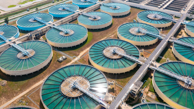 Drinking Water Treatment Technology and Distribution Plant. Aerial view of metropolitan waterworks authority. Water recycling industry. 