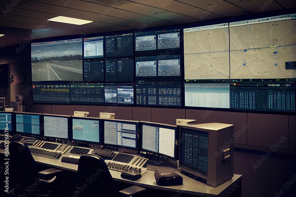 Canvas Prints surveillance room in a bustling airport, with multiple screens displaying different areas of the terminal, created with generative ai