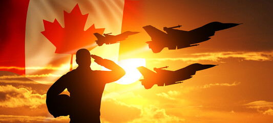 Group of aircraft fighter jet airplane. Canada flag. Air force day. 3d illustration