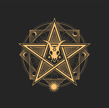 Esoteric and occult Pentagram with goat skull, octagram, crescent, moon and stars symbol for magic tarot cards. Vector witchcraft or alchemy sign, spiritual emblem, isolated wicca or pagan amulet
