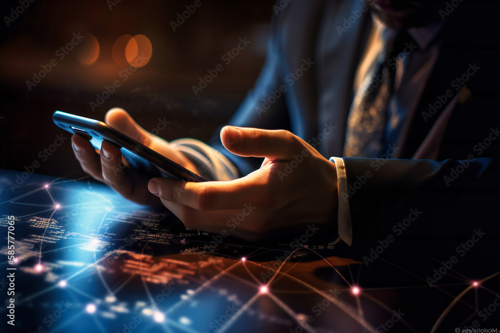 Poster a businessman utilizes his mobile smart phone for global internet connectivity, enabling digital mar