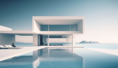 Fototapeta na wymiar Luxury residential minimalist villa with pool and ocean on horizon. Postproducted generative AI illustration.