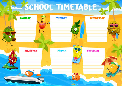 Education timetable cartoon fruits characters on summer beach. Kids vector time table schedule, school classes planner with feijoa, papaya, bergamot and durian, dragon or star fruit, melon or mandarin