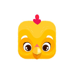 Cartoon chick kawaii square animal face. Cute chickling isolated vector farm or Easter chicken baby bird character portrait. Cube shape chuck head, app button, icon, graphic design element
