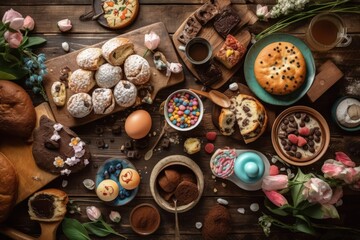 Obraz na płótnie Canvas table filled with assorted pastries of different shapes, sizes, and flavors. Generative AI