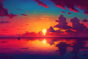 Fototapeta na wymiar Sunset sea landscape. Colorful beach sunrise with calm waves. Generative Ai