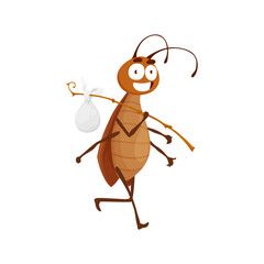 Cartoon cockroach character carry stick with belongings. Isolated vector funny insect game book personage walk with smiling face