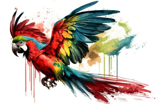 Colorful colorwater drawing Macaw bird background. motion.