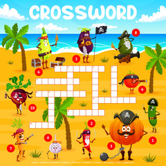 Fototapeta premium Crossword grid cartoon vegetable pirates and corsairs on treasure island. Quiz game for children with vector cucumber, chili, eggplant, garlic, pumpkin or zucchini, carrot, avocado, tomato and beet