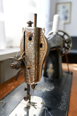 Old vintage sewing machine close up detail