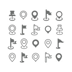 Location, map pin and flag line and fill vector icon set. Position and marker flags and pins icons.