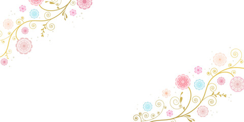 Floral background. Flowers. Pink. Border. Curls. Pattern. Painted flowers.