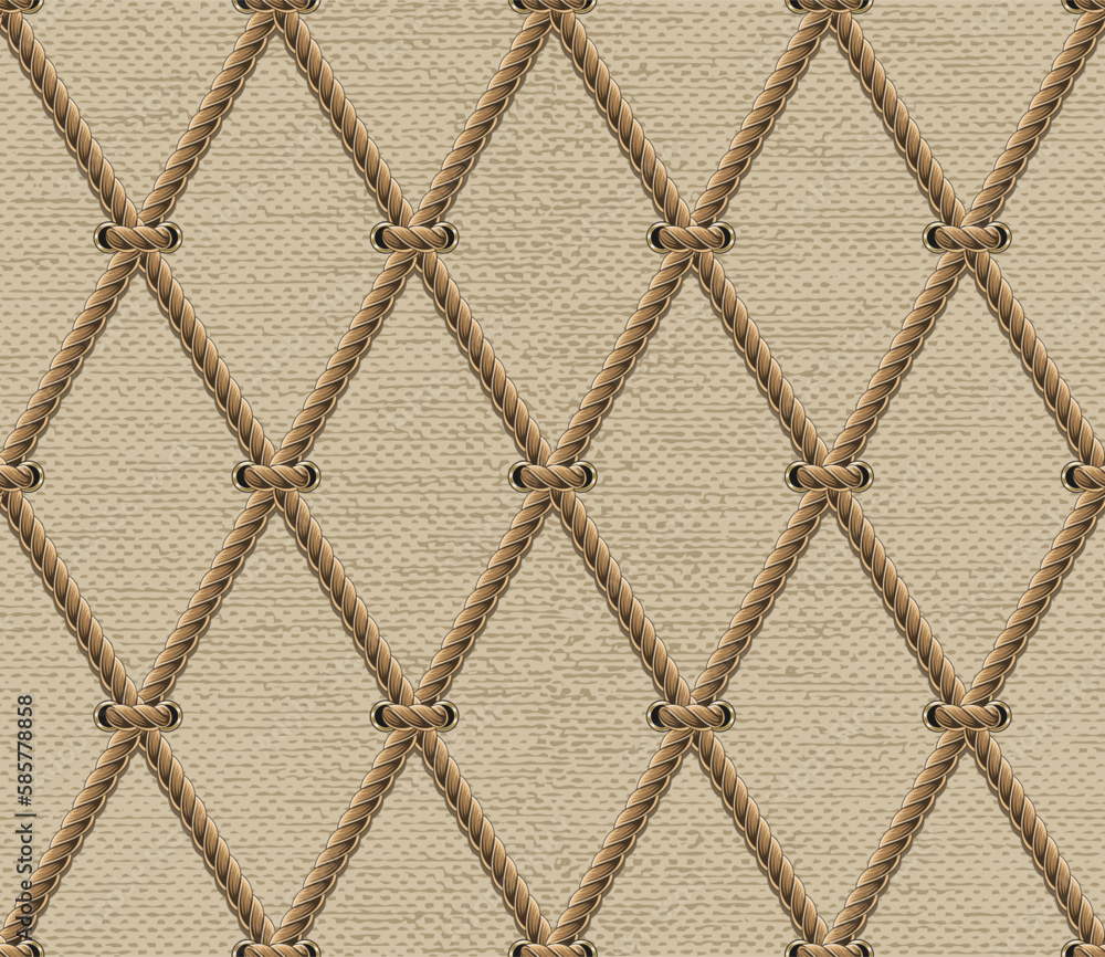 Poster seamless geometric pattern with net made of hemp rope, texture of jute fabric behind. rhombus grid. 