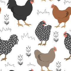 Seamless spring pattern with cute chickens and flowers. Vector graphic illustration