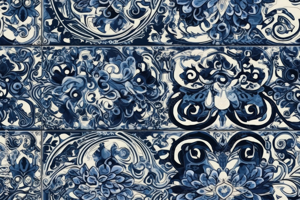 Poster blue and white tiled wall featuring intricate patterns and designs. generative ai