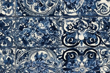 blue and white tiled wall featuring intricate patterns and designs. Generative AI