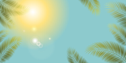 Fototapeta na wymiar Palm leaves against the blue sky. Bright sunlight. Noon. Tropical background.